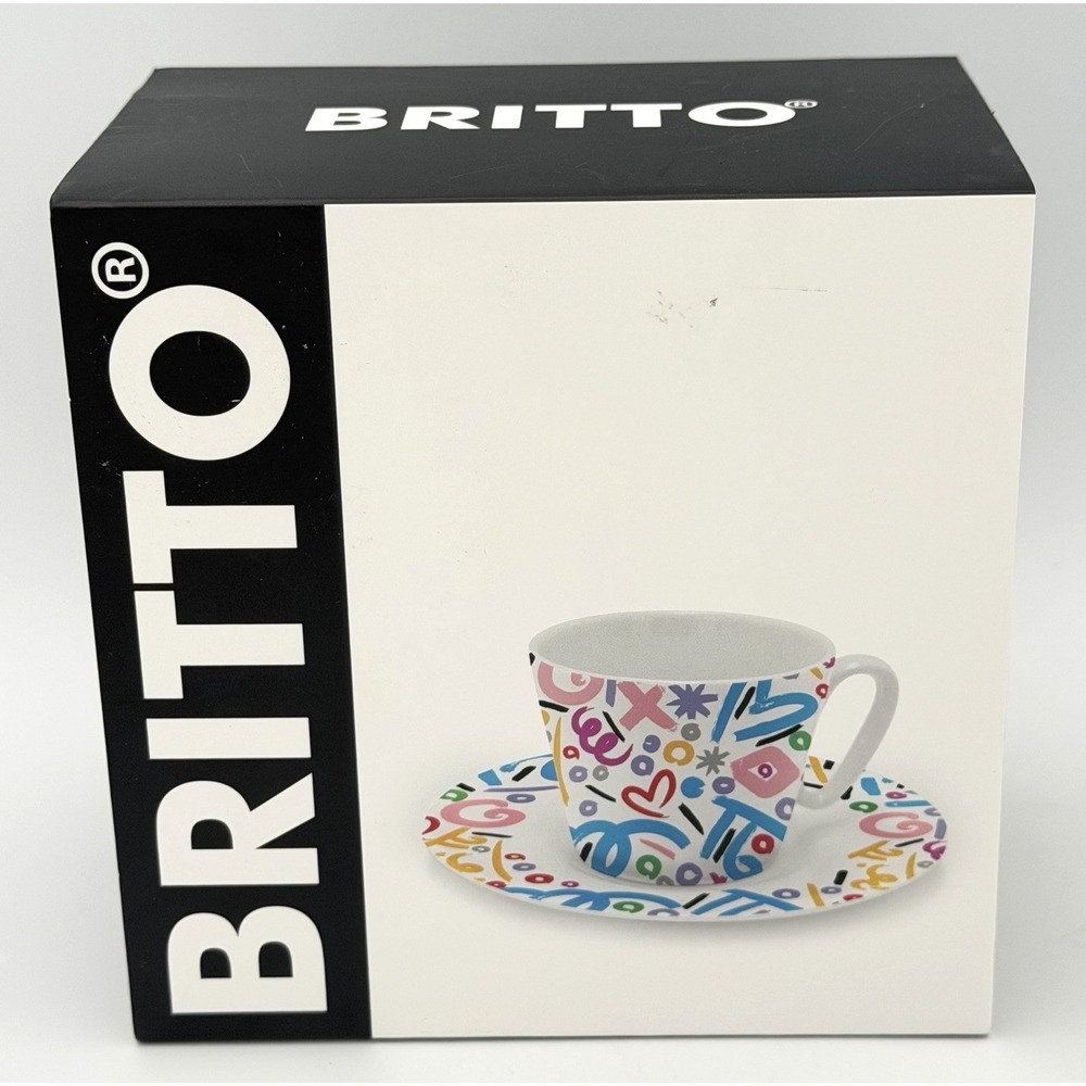 Romero Britto Espresso Cup & Saucer Pop Art Brush Strokes Bone China 3.3 oz New